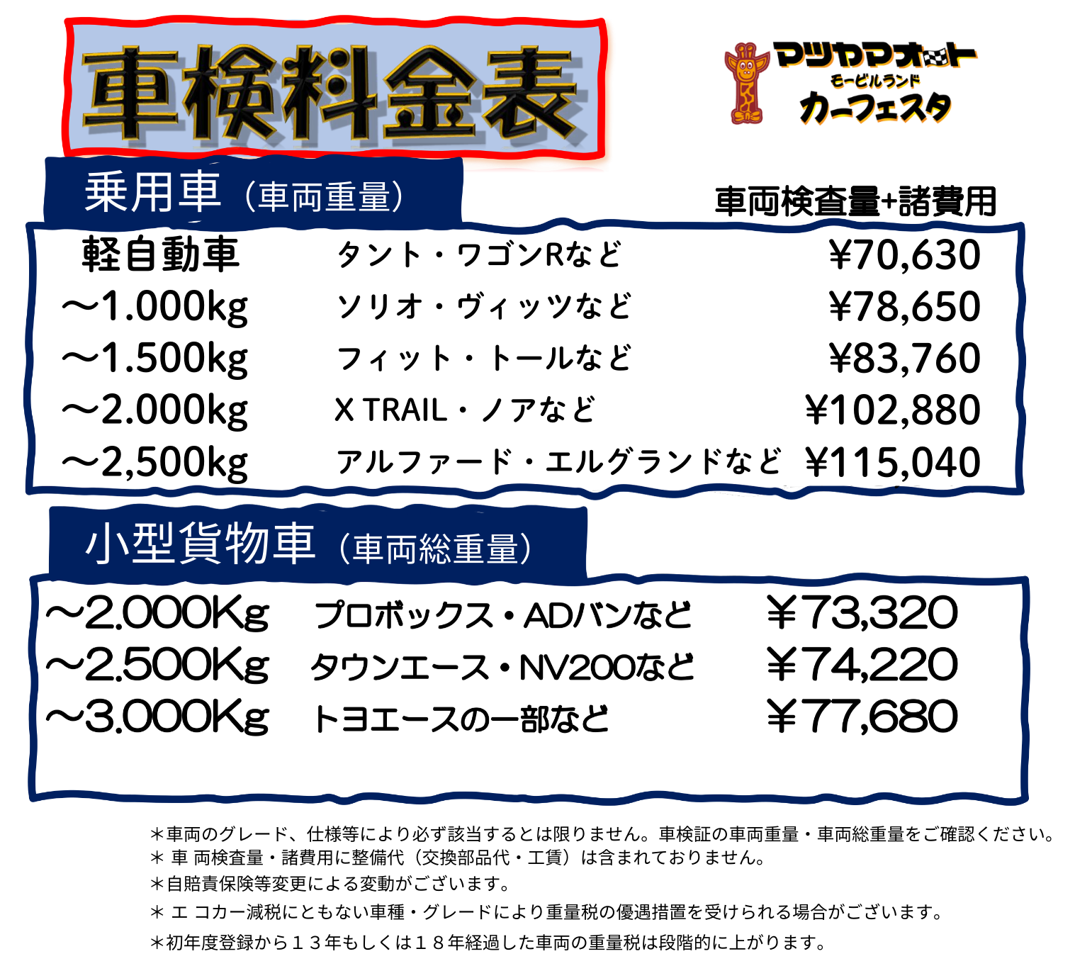 車検整備料金表